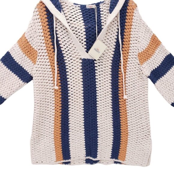 NWT Faherty Sawyer Crochet Knit Poncho Caspian Stripe Hooded Sweater XS S - Picture 2 of 5